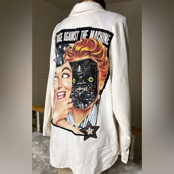 Women's Blouse Small - Cream Linen Blend “Rage Against the Machine” Up cycled - Picture 4 of 6